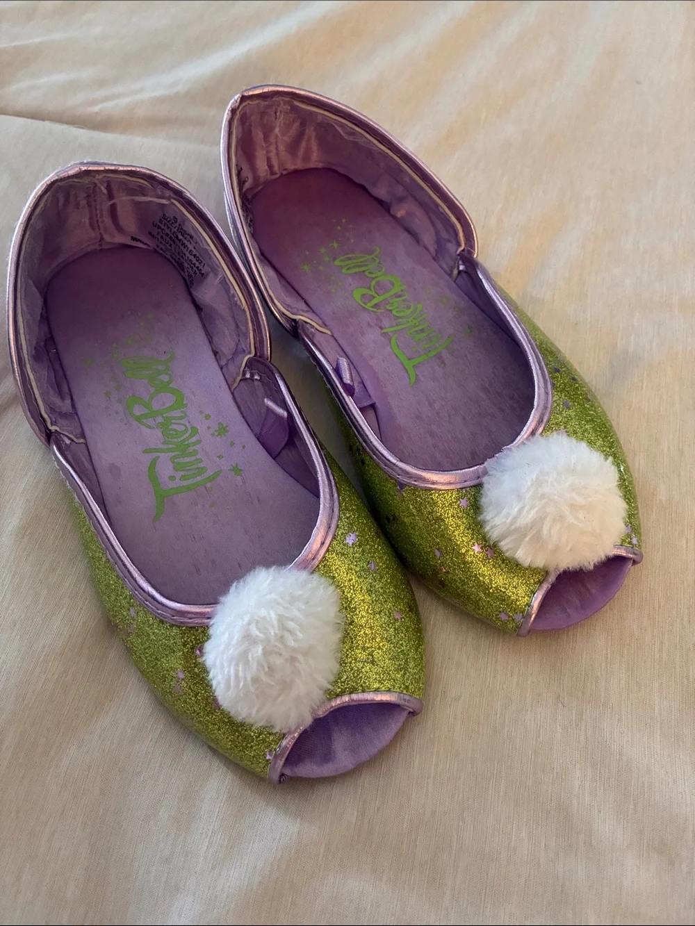 Disney Tinker Bell Green Glitter Girls' Ballet Flats with White Pom-Pom